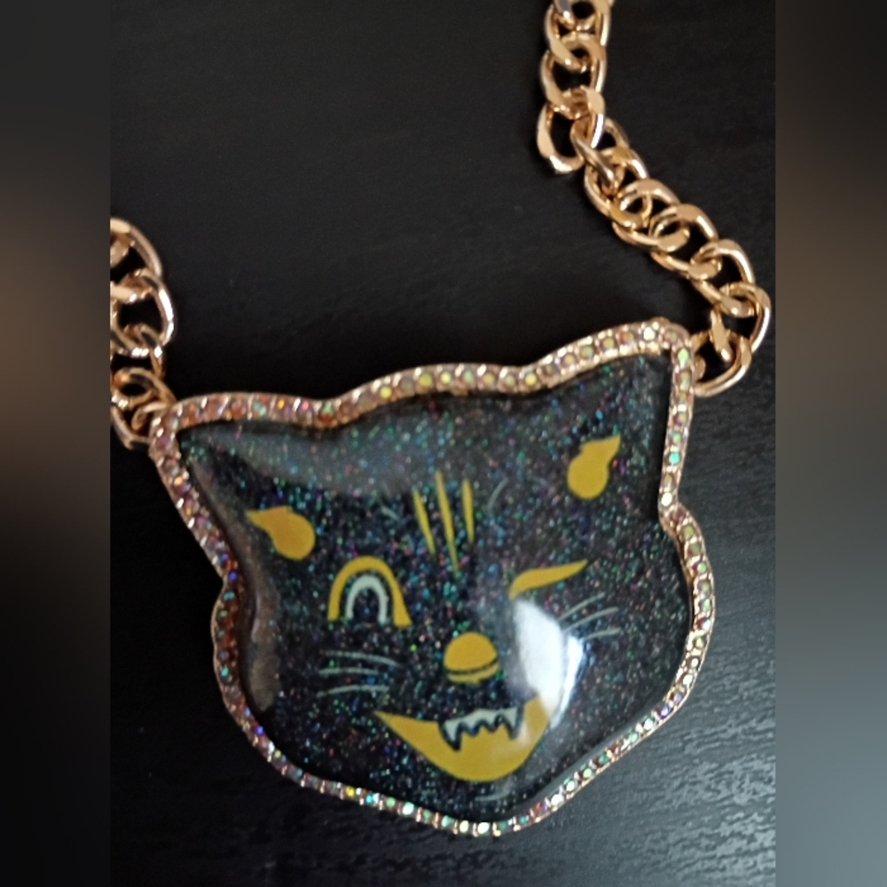Black and Gold Betsey Johnson Cat Pendant Necklace